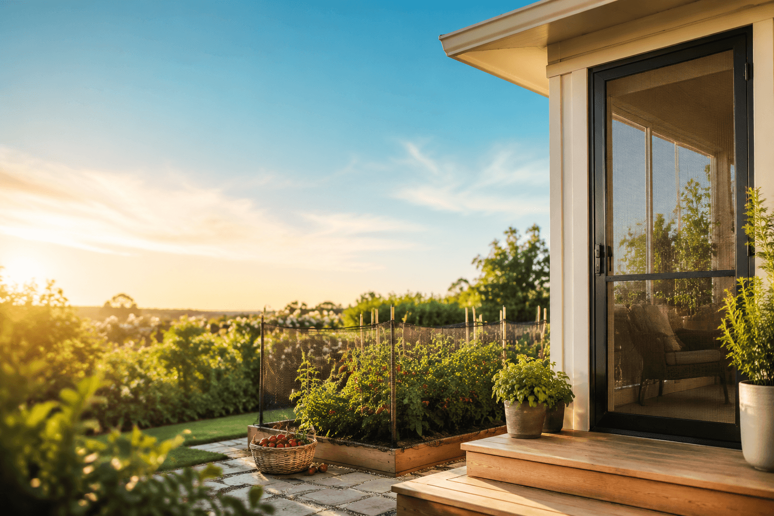 A sunny backyard with a fine-mesh screen door and a netted vegetable garden