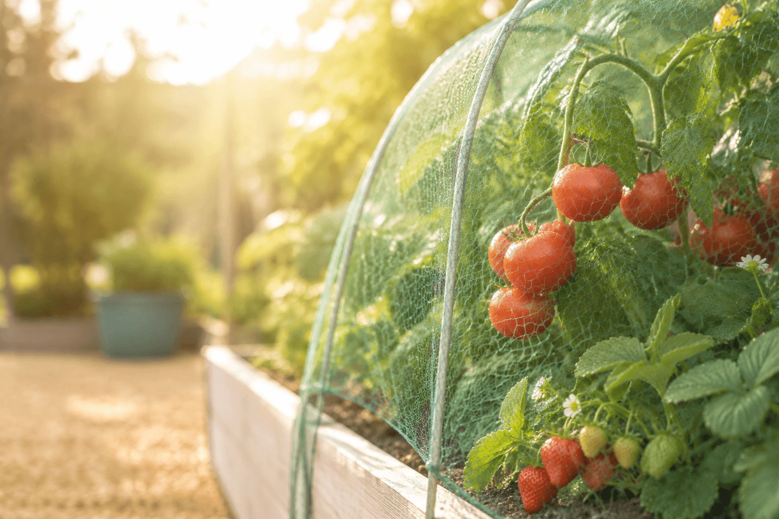 Ripe tomatoes growing safely behind fine garden netting